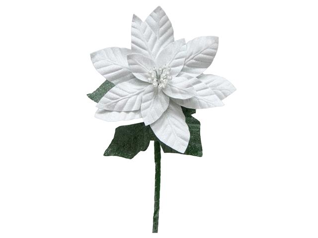 21.75" GLITTER POINSETTIA WITH LEAVES STEM (WHITE)